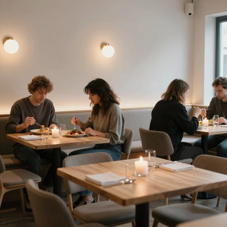 Cozy, minimalist restaurant interior with soft candlelight, light wood tables, and patrons enjoying artisanal food, highlighting a welcoming Scandinavian dining atmosphere.