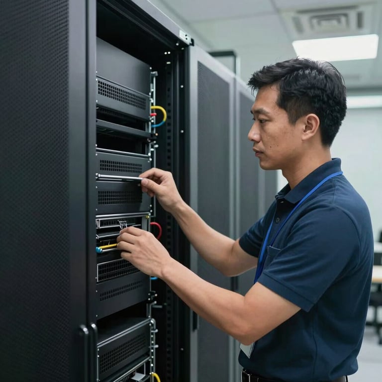 A professional Southeast Asian engineer configuring a secure server rack in a clean, air-conditioned data room.