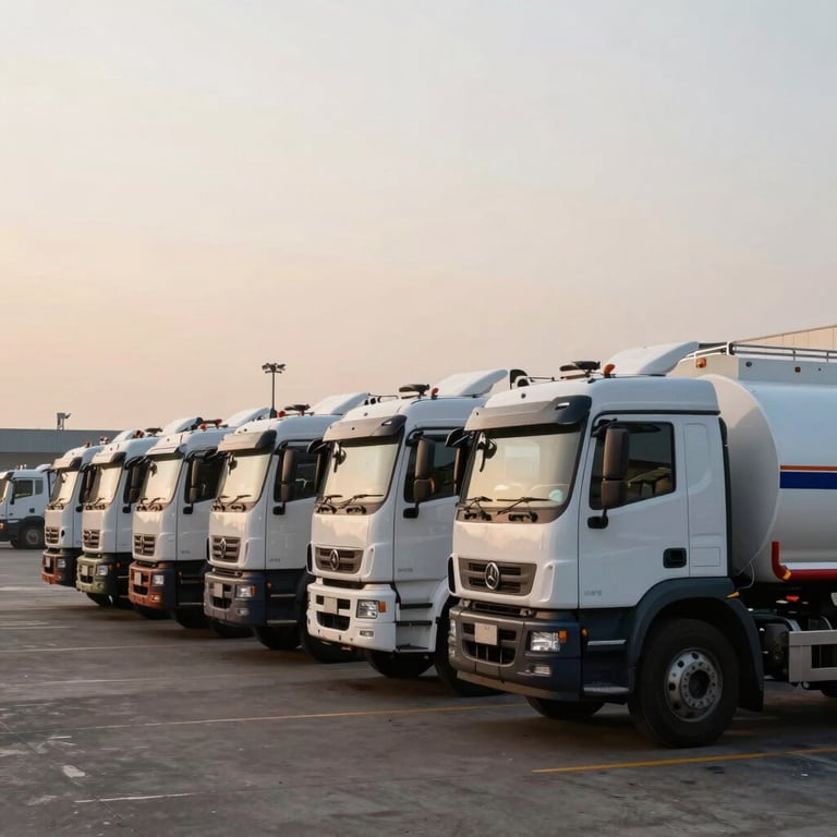 A fleet of white and navy fuel trucks parked neatly at an Indonesian distribution terminal during sunrise, professional commercial photography.