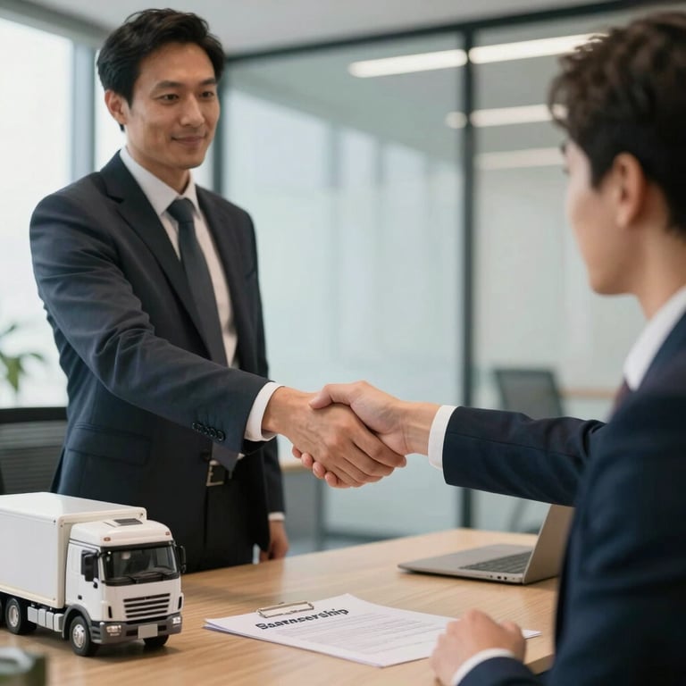 Handshake between a business manager and a client in a modern office with a model truck on the desk, signifying a successful partnership.