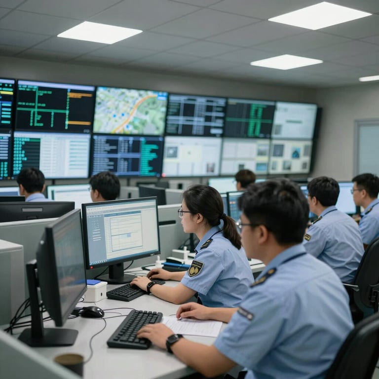 Interior shot of a 24-hour monitoring center with focused staff members in uniform looking at data screens.