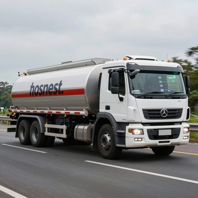 Action shot of a fuel truck driving on a modern Indonesian highway, with a small GPS indicator graphic overlaid on the side of the trailer.