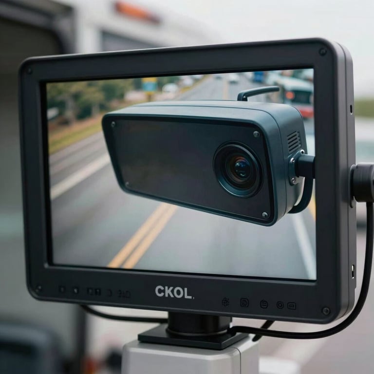 Close-up of a high-definition CCTV monitor inside a truck showing the blind spots, clear and sharp display.