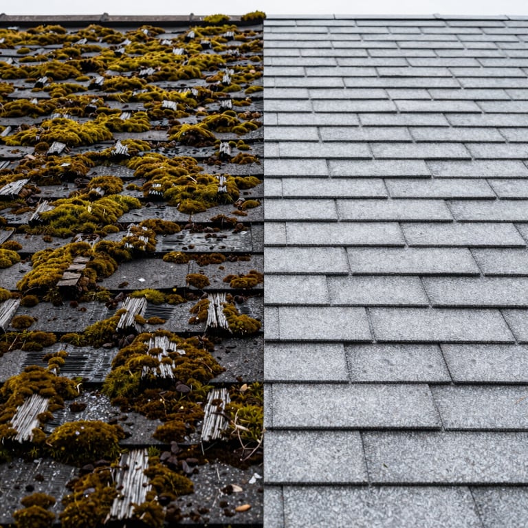 A sharp contrast split-image showing a moss-covered weathered roof next to a fully restored, clean shingle surface.