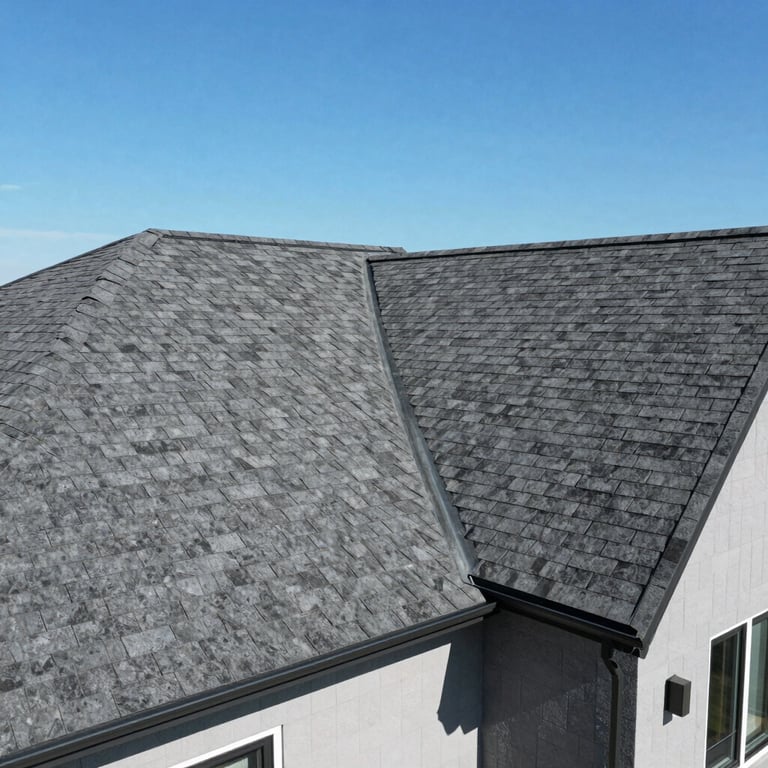 Aerial photography of a clean, charcoal grey shingle roof on a modern North American home under a clear blue sky.