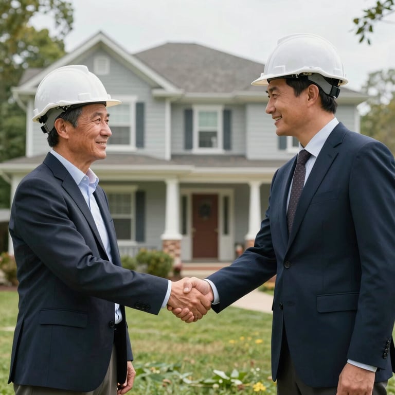 A satisfied homeowner and a project manager in professional attire shaking hands in front of a recently restored North American house.
