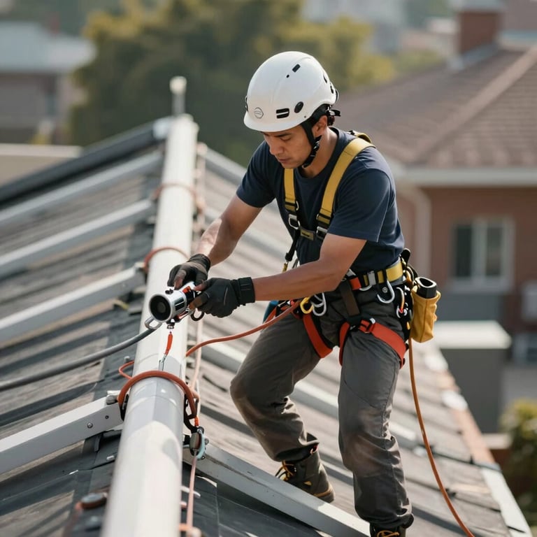 A professional roofer in a safety harness performing a detailed inspection of a roof structure with modern equipment.