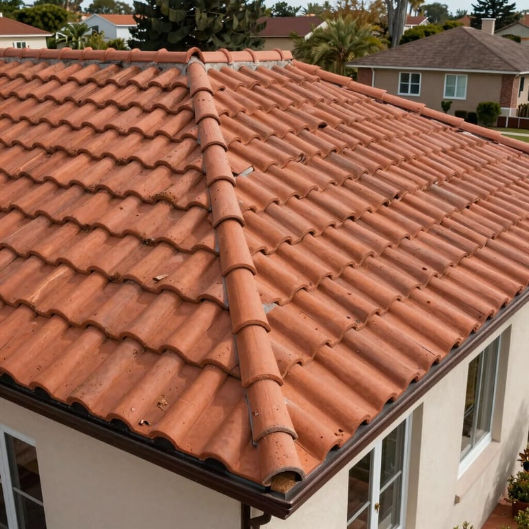 A beautifully finished terracotta tile roof restoration on a suburban house, showcasing elegant craftsmanship.