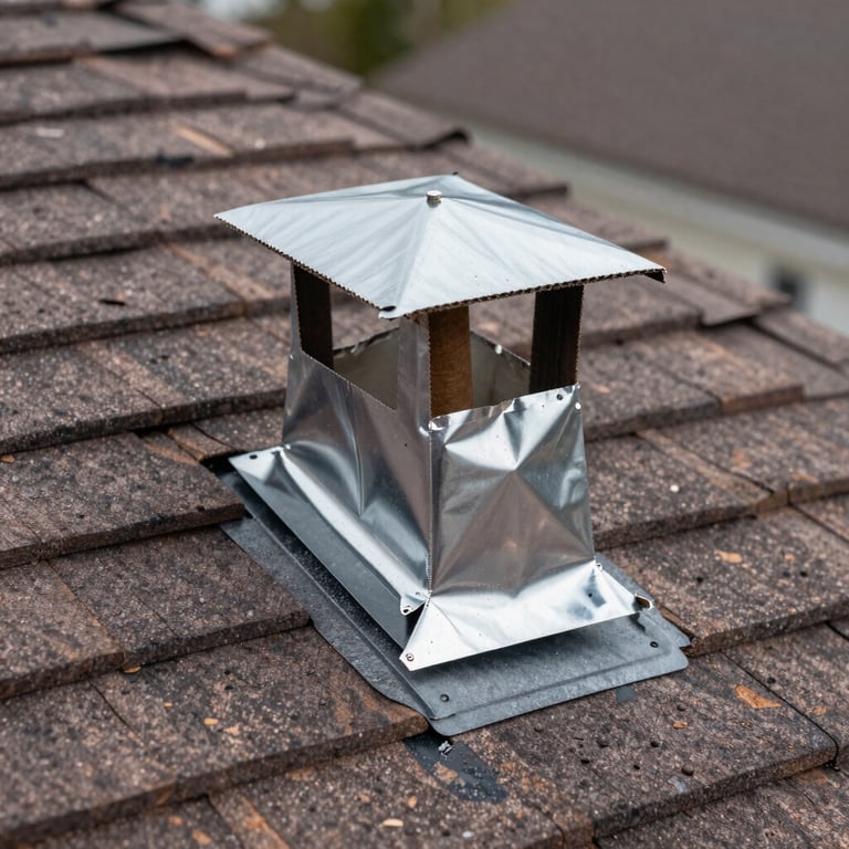 Macro photograph showing the precision of lead flashing around a chimney on a newly restored US residential roof.