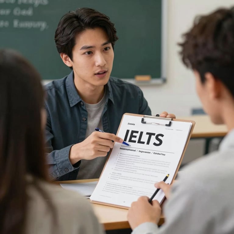 A focused language coaching session for IELTS, showing a supportive instructor and a student, International Student / Global Audience setting.