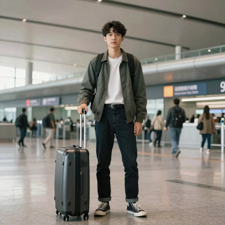 A student with a suitcase standing confidently in front of a modern international airport terminal, symbolizing the start of their journey.