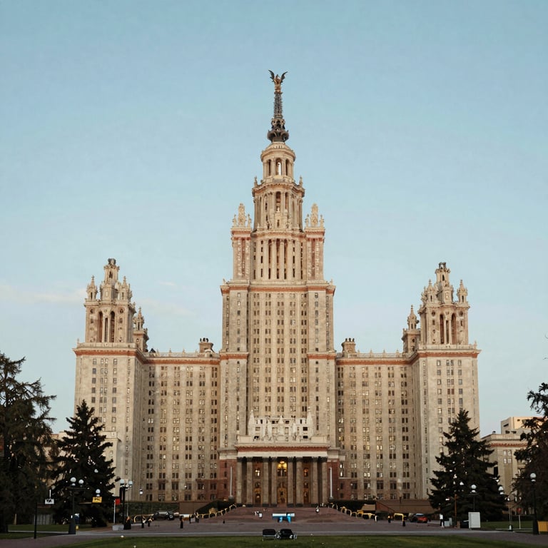 Panoramic view of a historic European university campus under a clear sky, soft sky blue tones, high-quality architectural photography.