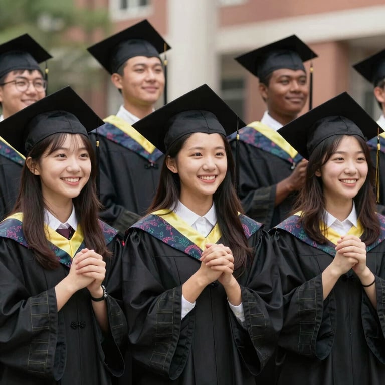 A group of diverse students in graduation gowns celebrating outdoors, International Student / Global Audience, candid and joyful style.