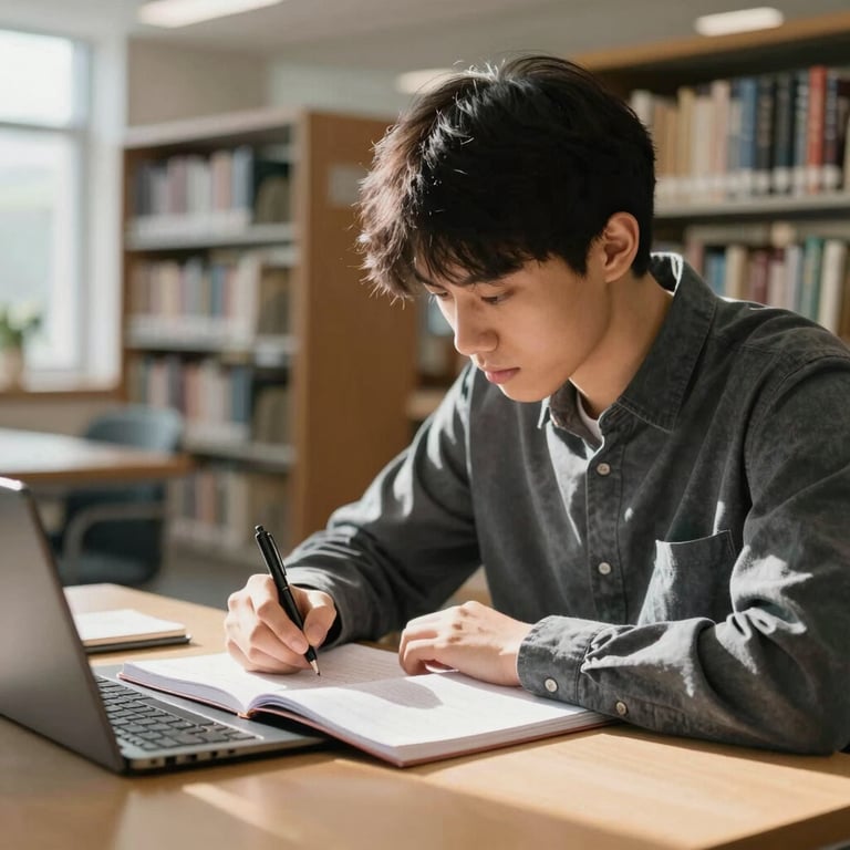 Close-up of a student focusing on their studies in a sunlight-filled modern library, professional atmosphere with charcoal gray accents.