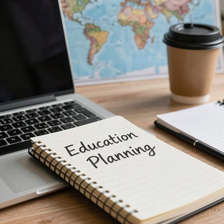 Close-up of a laptop, a notebook, and a coffee cup on a desk with a world map in the background, representing global education planning.