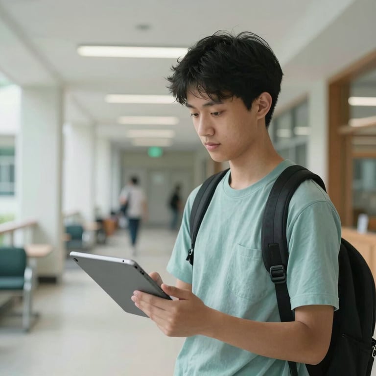 A student holding a tablet in a bright, modern university hallway, International Student / Global Audience, professional lighting with muted teal accents.