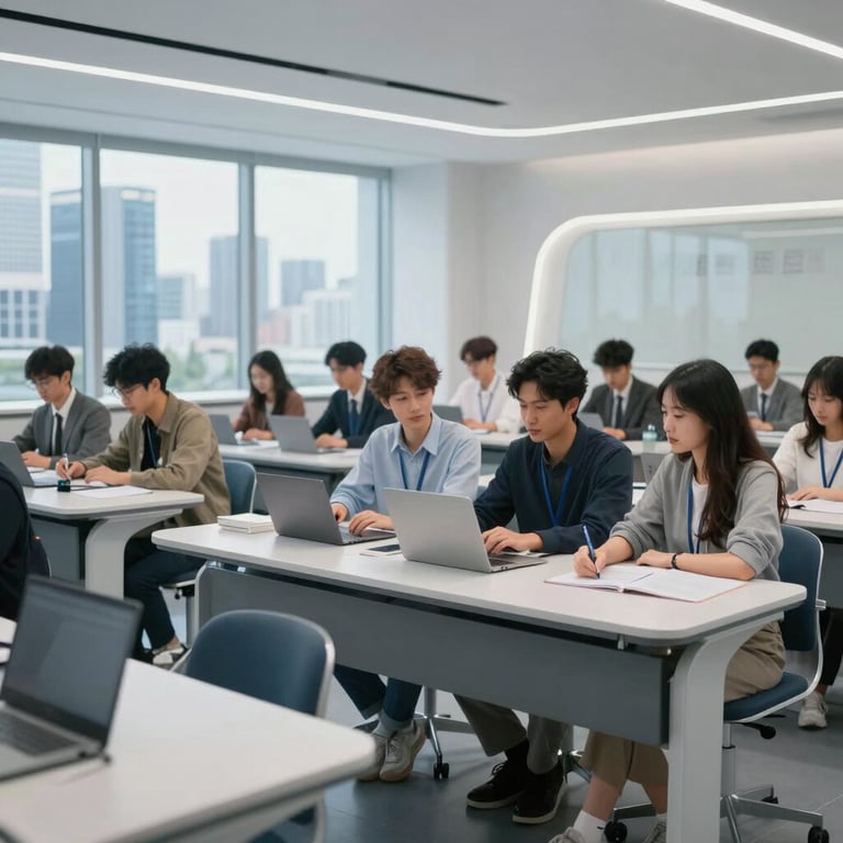 A sleek, high-tech classroom in a global city with students collaborating, International Student / Global Audience, clean and futuristic composition.
