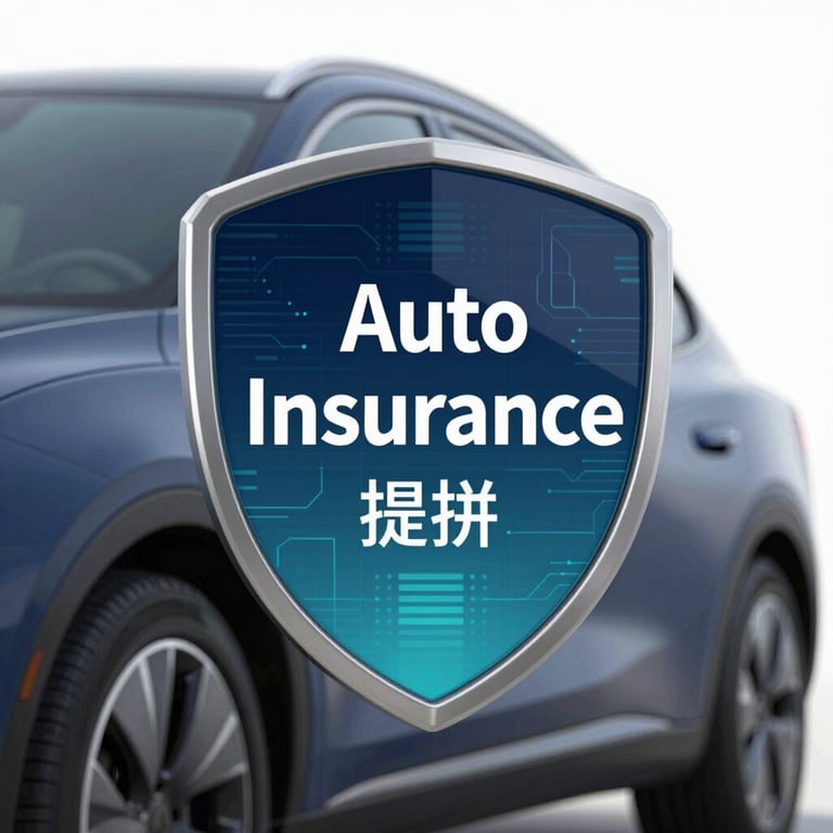 A sleek graphic of a modern vehicle with a digital shield, representing Auto Insurance lead generation, navy and teal palette.