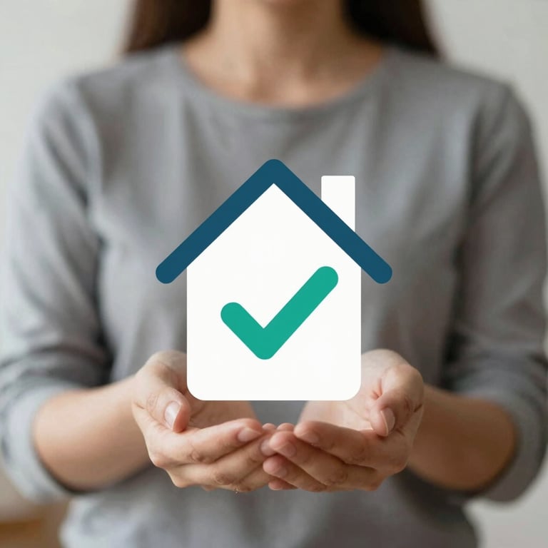 A minimalist house icon with a checkmark, representing Home Warranty campaigns, modern flat design using brand colors.