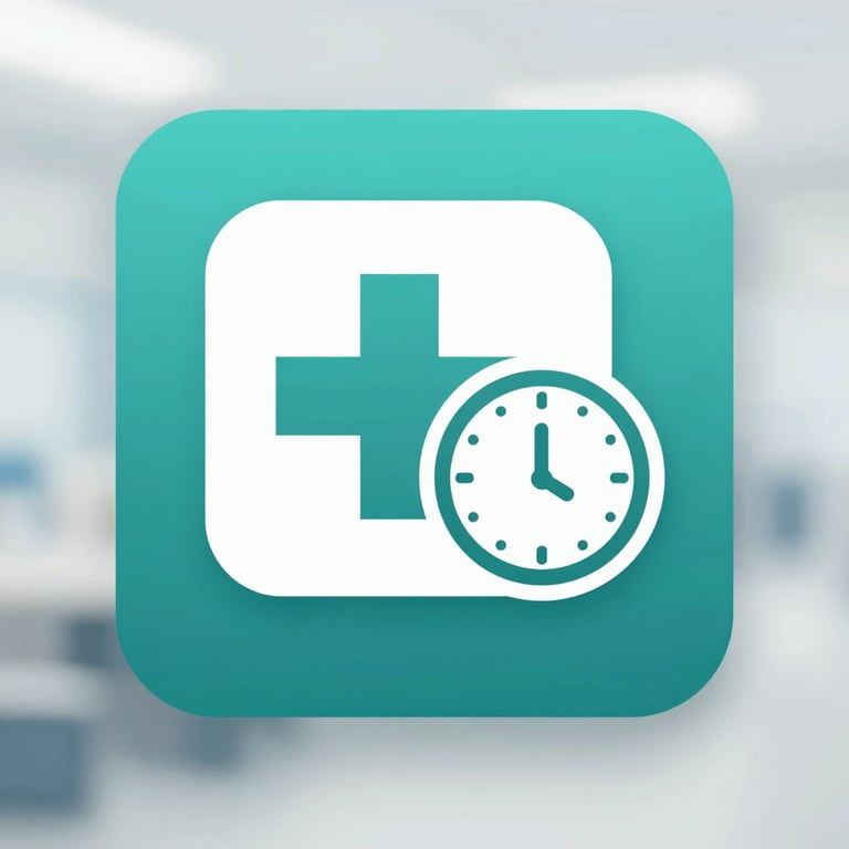 A clean, professional icon for Medicare services featuring a medical cross and a clock, emphasizing 24/7 support in teal tones.