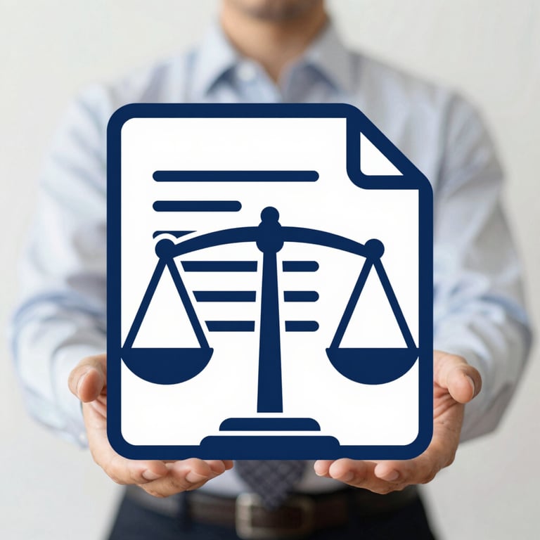 A document icon with a scales of justice overlay for SSDI campaigns, emphasizing compliance and professional integrity in navy blue.