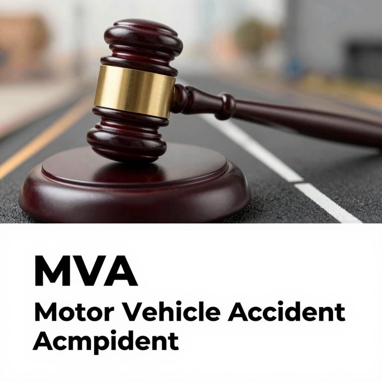 Graphic representation of a legal gavel and a road, symbolizing MVA (Motor Vehicle Accident) campaign expertise in professional charcoal and orange.