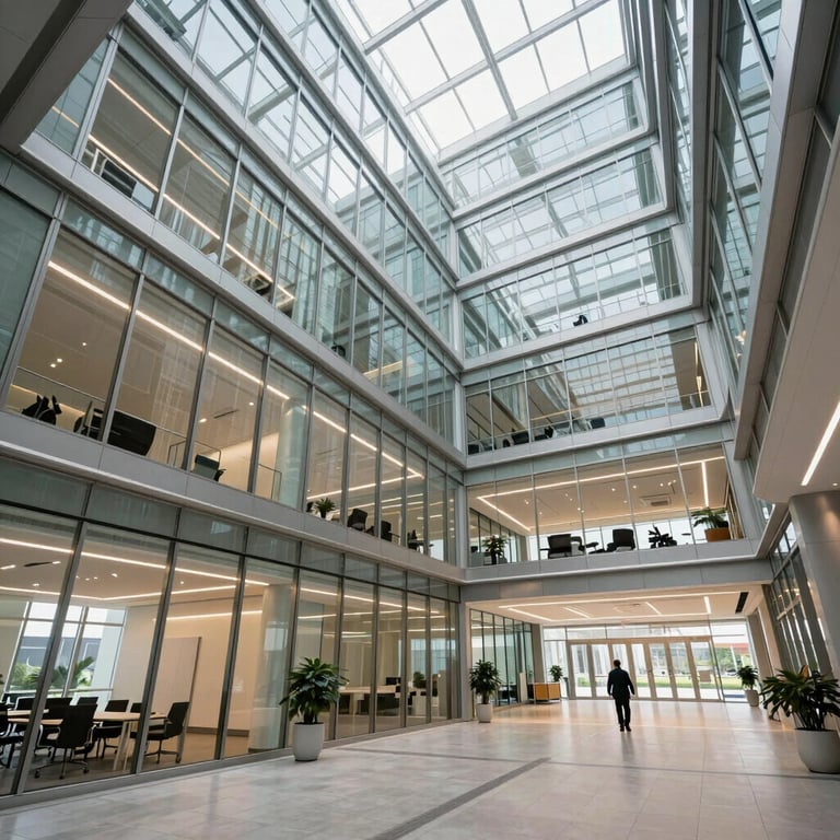 The modern architectural interior of a North American tech company, glass and steel, wide angle, bright and forward-thinking style.