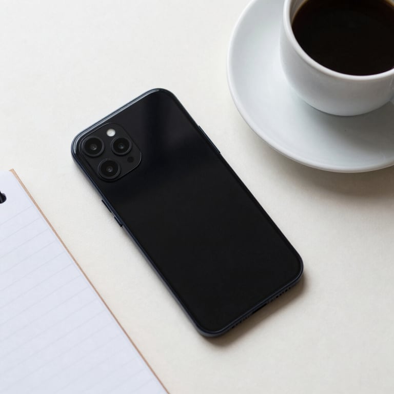 A sleek, top-down shot of an Android smartphone, a coffee cup, and a notebook on a clean off-white surface, organized and professional mood.