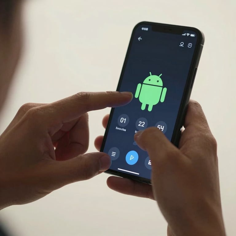 Close up of hands interacting with a beautifully designed Android interface, soft depth of field, off-white background.