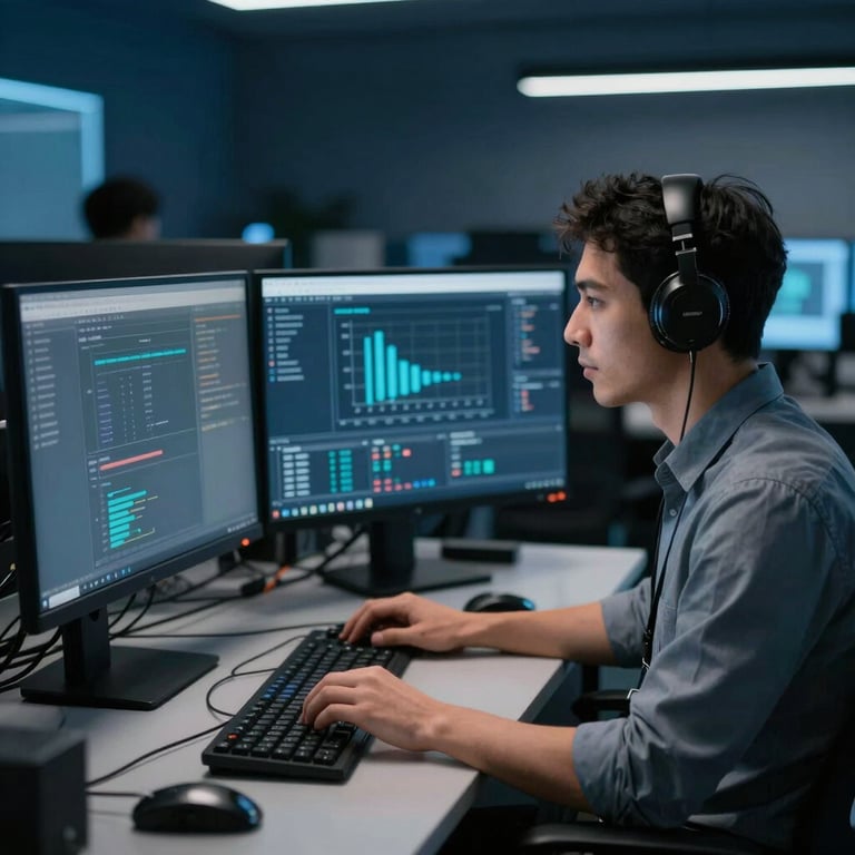 A professional developer in a North American tech hub working with multiple monitors, featuring deep navy blue and muted steel blue lighting.
