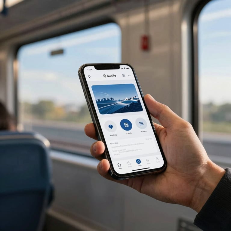 A person using a sleek mobile app while commuting on a modern US train, focused on the screen, morning sun and sky blue tones.
