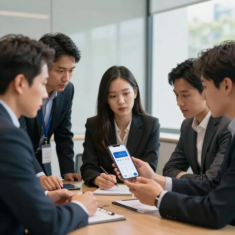 A small group of professionals in a collaborative US meeting looking at a mobile prototype, professional attire, sophisticated atmosphere.