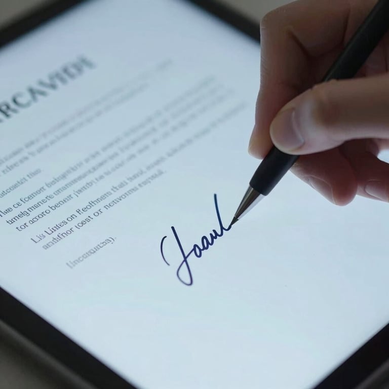 A close-up of a digital signature being applied to a legal document on a tablet, #8FA6BE tones.