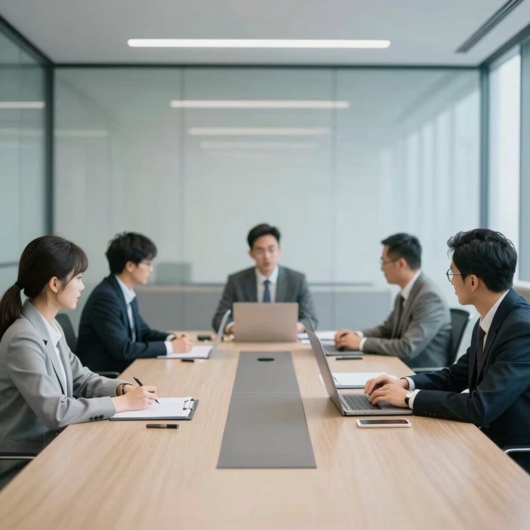 Sleek corporate meeting room with glass walls and professional consultants working, #E8EDF3 lighting.