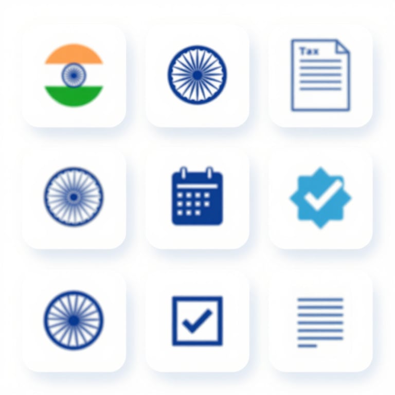 Graphic representation of Indian corporate compliance symbols and tax documents, clean and tech-driven.