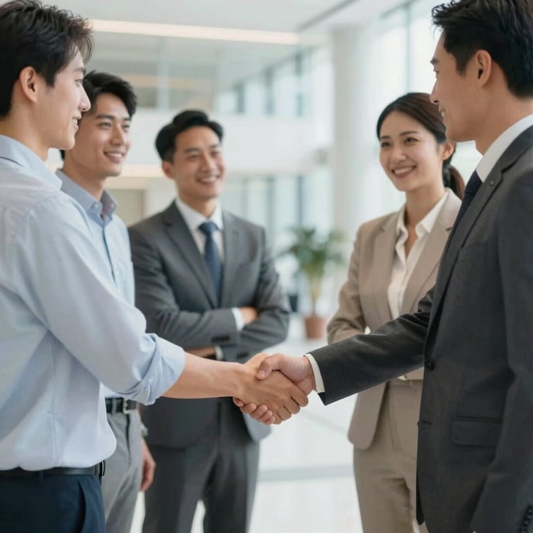 A group of diverse professionals shaking hands in a bright, modern lobby, conveying reliable partnership.