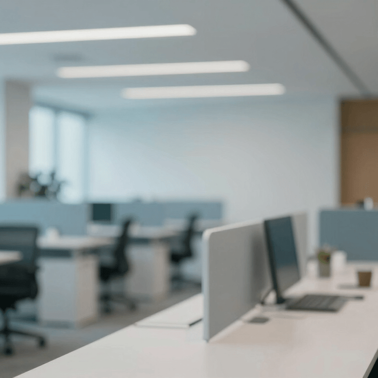 Modern office building in Bengaluru's tech hub, dusk lighting, professional atmosphere, #0A192F sky.