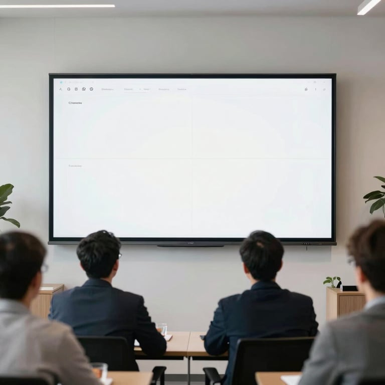 A group of creative professionals looking at a large wall-mounted screen displaying a minimalist brand identity project in a corporate office.