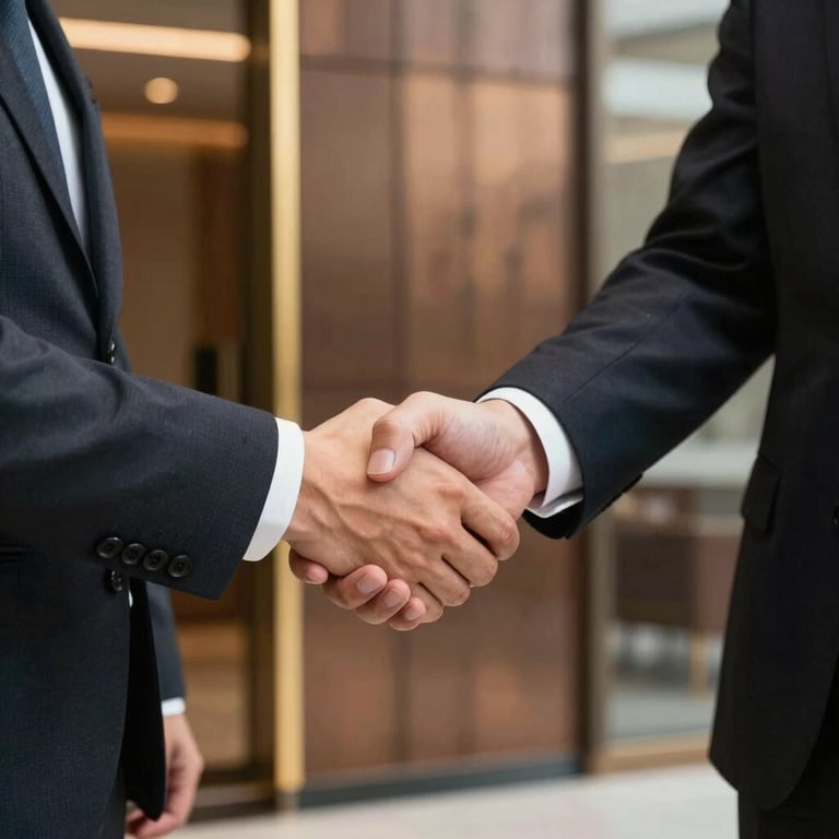 Handshake between two professionals in business suits, high-end corporate setting with bronze and gold accents in the background.