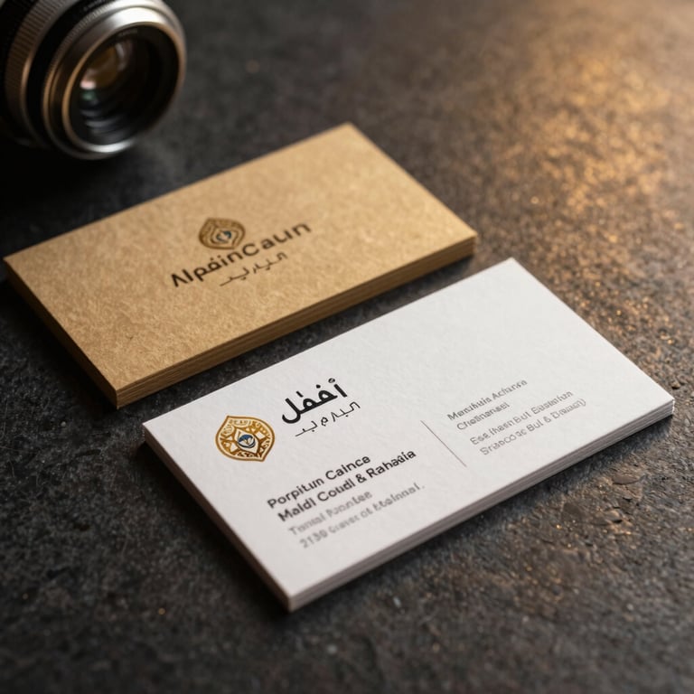 A premium branded business card and stationery set on a dark textured desk, warm gold lighting, Iraqi cultural motifs subtly integrated.