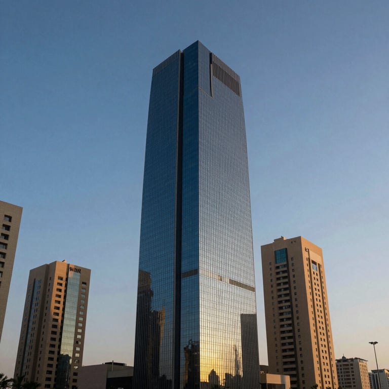 An elegant exterior view of a modern skyscraper in an Iraqi business district during golden hour, reflecting a deep blue sky.