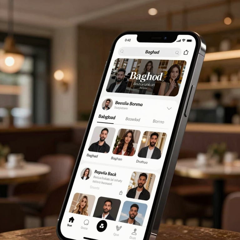 A sleek modern smartphone showing a high-end social media feed with sophisticated typography, set against a background of a luxury cafe in Baghdad.