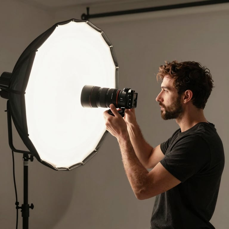 A professional photographer in a high-end studio in Baghdad adjusting lighting for a luxury product shoot.