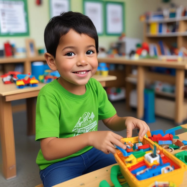 a young boy sitting at a table with a lego - style toy