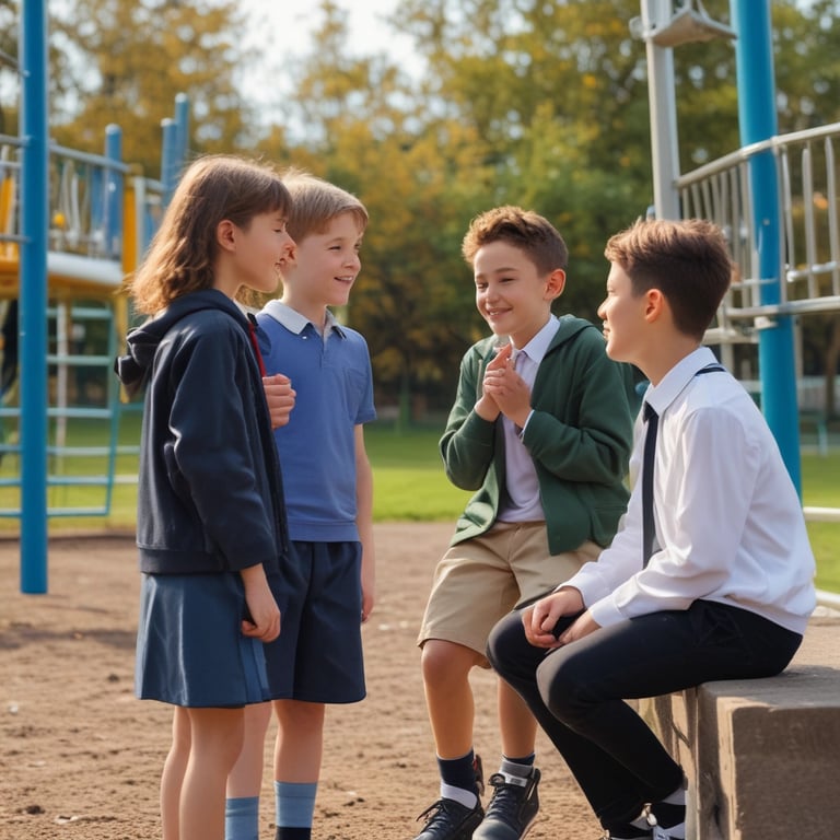 School-aged children talking and smiling together, demonstrating positive social interaction