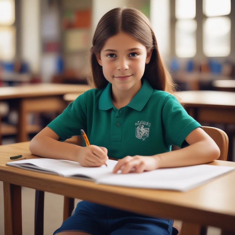 School-aged girl practicing handwriting skills at desk in classroom