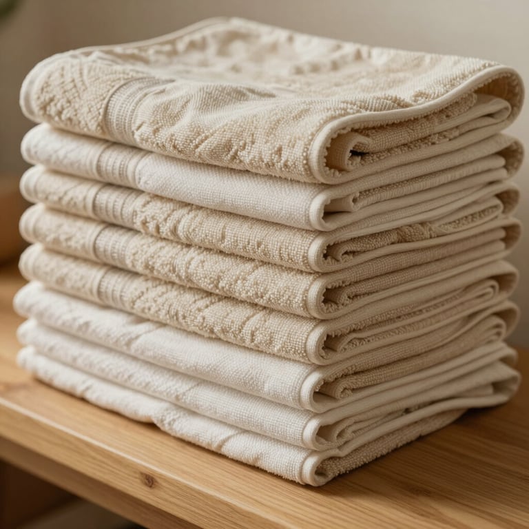 Close-up of neatly folded stacks of heavy organic linen and soft cotton towels in warm cream tones, resting on a light wood bench under soft ambient light.