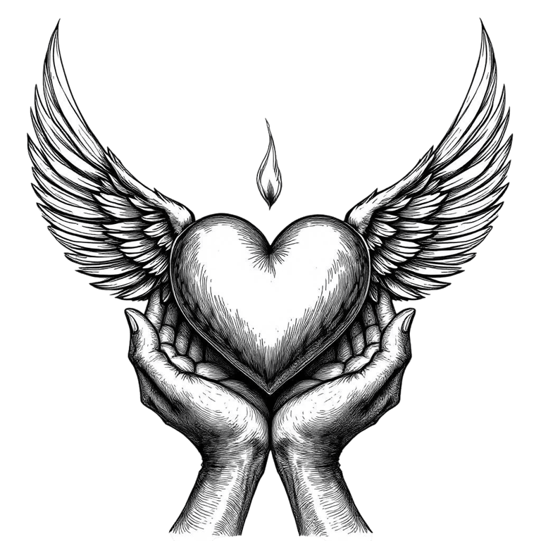 “Ilustración vintage dibujada a mano de manos sosteniendo un corazón alado con una pequeña llama.”