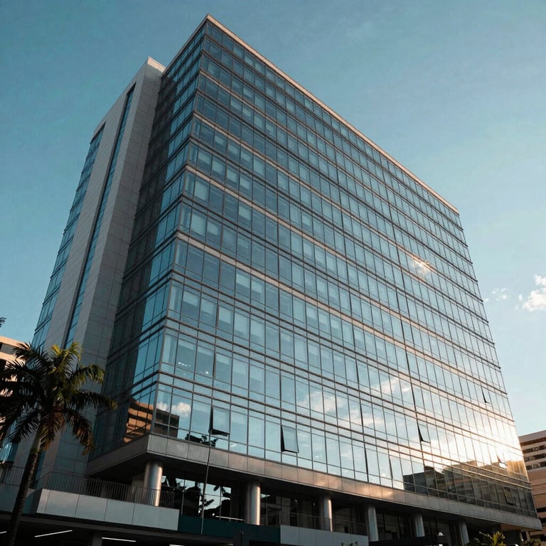 A modern Brazilian commercial building with glass facades reflecting a clear blue sky, emphasizing a corporate and stable business environment.