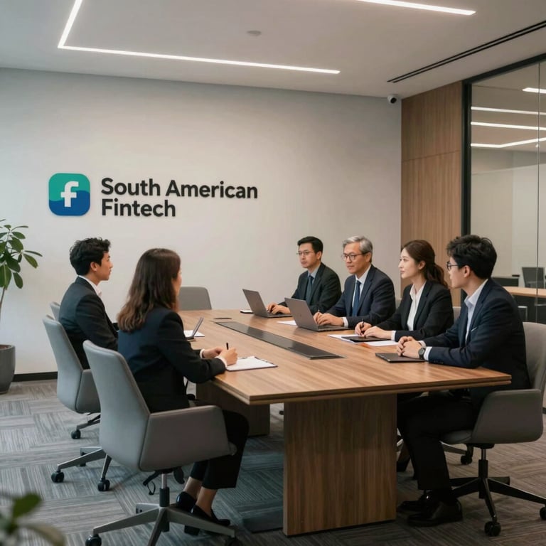 A professional meeting room in a South American fintech hub, featuring minimalist furniture and a sophisticated, professional atmosphere.